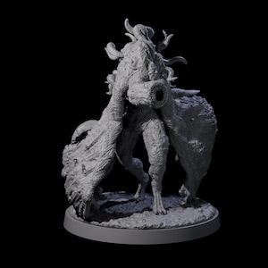May include: A gray, 3D-printed fantasy creature figurine with a textured surface. The figure has a large, open mouth, horns, and wing-like appendages. It stands on a circular base against a black background.