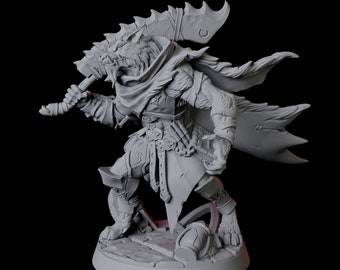 Chefe lobisomem sorridente com espada enorme para D&D, Dungeons and Dragons, Pathfinder e muitos outros jogos de tabuleiro
