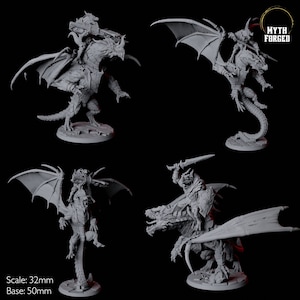 Four Valiant Dragonborn Warriors riding Dragon Miniatures for D&D, Dungeons and Dragons, Pathfinder and many other tabletop games