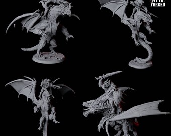 Four Valiant Dragonborn Warriors riding Dragon Miniatures for D&D, Dungeons and Dragons, Pathfinder and many other tabletop games
