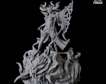 May include: A gray, detailed miniature of a female figure with horns and wings standing on a monstrous, demonic creature. The figure is holding a chain in her hand. The miniature is 32mm in scale and has a 100mm base.  Myth Forged.