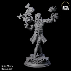 May include: A grey, detailed miniature figurine of a person with pointed ears, wearing a long, ornate coat and holding a swirling, butterfly-shaped object in each hand. The figurine is standing on a circular base with intricate details. The text "MYTH FORGED" is visible in the top right corner of the image.