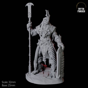 May include: A gray, detailed miniature figure of a warrior holding a spear and shield. The figure has a horned helmet, skull accents, and intricate armor. The base is 25mm, and the figure is 32mm tall. The Myth Forged logo is in the upper right corner.