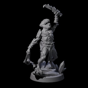 May include: A gray, 3D-printed fantasy miniature of a reptilian humanoid creature, holding a jagged blade overhead. The creature is muscular, with detailed scales, armor, and a rope-like belt. It stands on a rocky base.
