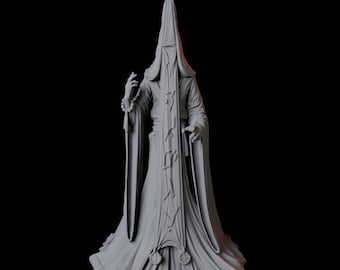 May include: A gray, hooded figure with long, flowing robes. The figure has a tall, pointed hood and long sleeves. The robes are adorned with vertical, stylized symbols. The figure is holding a string of beads in one hand. The background is black.