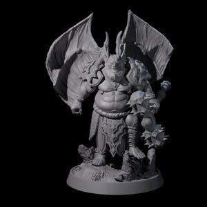 May include: A gray, 3D-printed fantasy figure of a horned demon with large wings, armor, and a spiked club. The figure stands on a rocky base, showcasing intricate details and textures. The demon has a muscular build and a menacing expression.