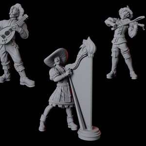 May include: Three grey painted figurines of musicians. One plays a lute, one plays a violin, and one plays a harp.