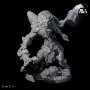 May include: A gray, detailed miniature of a stone giant, holding a large rock in its right hand. The miniature is 32mm in scale and is posed in a dynamic, attacking stance. The giant has a fierce expression and is covered in stone-like textures.