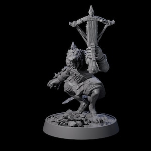 May include: A gray figurine of a humanoid creature with a lion-like face, holding a crossbow. The figure is crouched, wearing armor, and stands on a circular base with small rocks. The crossbow is made of wood and rope.