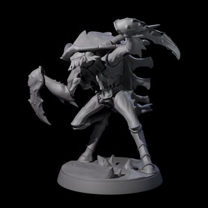 May include: A grey 3D model of a creature with a carapace, multiple limbs, and large, claw-like appendages. The model is posed on a circular base with rocky details, set against a black background. The creature's design suggests a science fiction or fantasy theme.