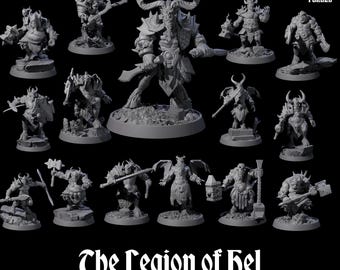 Puede incluir: Colección de figuras en miniatura grises, cada una representando una criatura demoníaca diferente. Las figuras varían en tamaño y pose, algunas sosteniendo armas. El texto "The Legion of Hel" se muestra en la parte inferior. El logo Myth Forged está en la esquina superior derecha.