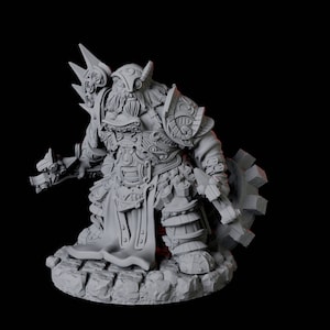 May include: A gray, detailed miniature figurine of a dwarf warrior wearing ornate armor and holding a weapon. The dwarf has a beard and a horned helmet. The figurine is standing on a circular base.