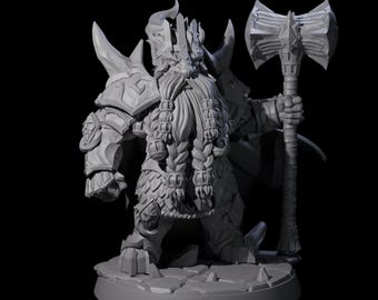 May include: A gray figurine of a dwarf warrior, clad in detailed armor and a horned helmet. The dwarf has a long, braided beard and holds a large battle axe. The figurine is standing on a stone base.