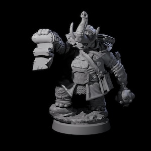 May include: A grey 3D-printed miniature of a fantasy character with an elephant-like head and tusks. The figure is armoured and holds a weapon in its right hand. The miniature stands on a rocky base against a black background.
