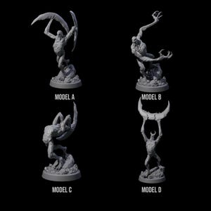 May include: Four gray monster figurines, each on a round base, are displayed against a black background. The figurines are labeled Model A, B, C, and D. Each model has a unique pose and design, with intricate details.