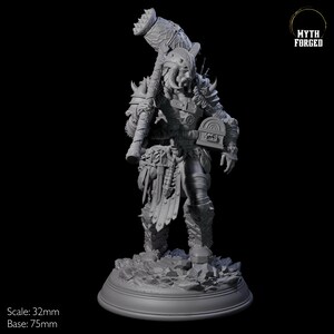 May include: A gray, detailed miniature figurine of a warrior with a large hammer, wearing armor and holding a chest. The figurine is standing on a round base. The text "MYTH FORGED" is visible in the upper right corner of the image. Scale: 32mm. Base: 75mm.