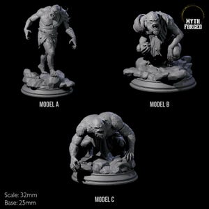 Drie walgelijke Troglodyte-miniaturen voor D&D, Dungeons and Dragons, Pathfinder en vele andere tafelspellen