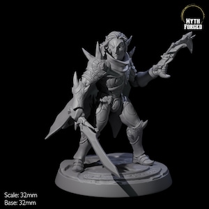 May include: A gray, detailed miniature figurine of an elf warrior wearing armor and holding a sword and a dagger. The figurine is standing on a round base.