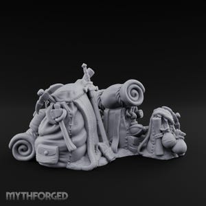 Escena de aventurero con saco de dormir y espadas: terreno impreso en 3D para D&D, Dungeons and Dragons, Pathfinder y juegos de mesa.