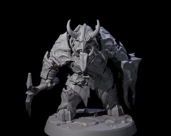 May include: A gray, 3D-printed fantasy miniature of a horned creature with a long tongue, holding a pickaxe and a shield. The figure is highly detailed, with textured armor and a menacing expression, standing on a circular base.