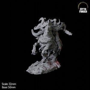 May include: A gray 32mm scale miniature of a demon rider on a skeletal horse. The rider is holding a sword and has a horned helmet. The horse has a skeletal head and wings. The miniature is on a rocky base.  Myth Forged.