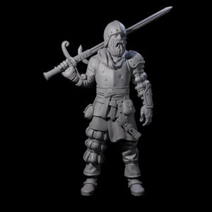 May include: A gray figurine of a medieval warrior, complete with a helmet, armor, and a large sword resting on his shoulder. The figure has a long beard and is posed in a standing position. The background is black.