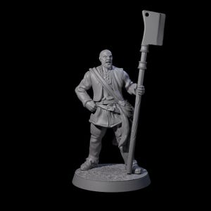 May include: A grey miniature figure of a man in medieval clothing, holding a large cleaver. The figure stands on a circular base, with one hand on his hip and a bag across his shoulder. The figure has a stern expression.
