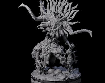 May include: A detailed gray sculpture of a fantastical creature with multiple arms, horns, and a crown of spiky elements. The figure is standing on a circular base with intricate details, showcasing a complex design.