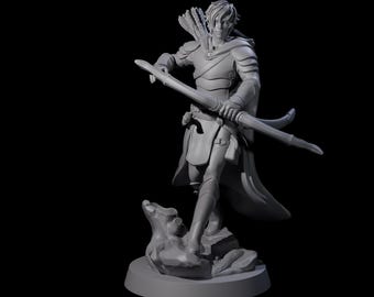 May include: A gray figurine of an archer in armor, holding a bow and arrow. The archer stands on a rocky base, with a quiver of arrows on their back. The figure is set against a black background.