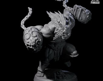 May include: A gray 3D printed miniature of a beast-like creature with a snarling face, wearing a loincloth and wielding chained spiked balls. The miniature is 32 mm in scale and sits on a 25 mm base. The miniature is printed in a gray plastic and has a detailed sculpt.