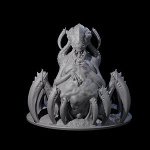 May include: A gray, three-dimensional model of a monstrous creature with a segmented body, multiple clawed limbs, and a menacing face. The creature is posed on a circular base against a black background.