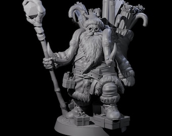 May include: A detailed, gray figurine of Santa Claus, holding a staff with a geometric top. He wears a hat, glasses, and a long beard. A sack filled with gifts and candy canes is on his back. Presents are at his feet. The figure is on a round base.