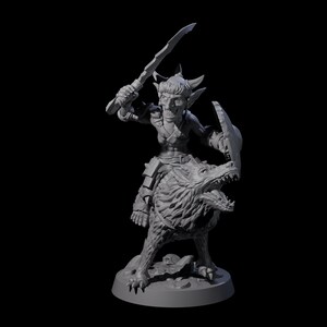 Puede incluir: Figura en miniatura gris de un guerrero goblin montado en un lobo. El goblin sostiene una espada y un escudo, con armadura y rasgos faciales detallados. El lobo tiene la boca abierta y la figura está sobre una base redonda.