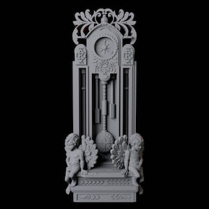 May include: A gray, ornate grandfather clock with a clock face and a pendulum. Two cherubs with wings sit on a ledge below the clock face.