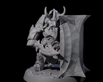 May include: A gray, 3D-printed figurine of a warrior in detailed armor, holding a large axe and shield. The warrior has a horned helmet and stands on a textured base. The overall design suggests a fantasy or gaming theme.