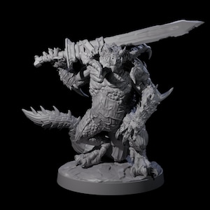 May include: A gray, detailed figurine of a reptilian humanoid creature, holding a large sword over its shoulder. The figure is posed in a crouching stance, with sharp claws and a spiked tail. The base is a circular platform.