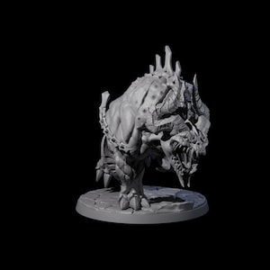 May include: A gray, 3D-printed monster figurine with sharp horns, teeth, and claws. The creature has a textured, bumpy skin and is posed on a circular base. The figurine is set against a black background.