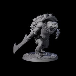 May include: A gray, 3D-printed fantasy miniature of a humanoid turtle creature. It carries a large sword and has a shell adorned with skulls. The figure is posed on a circular base, suitable for tabletop gaming.