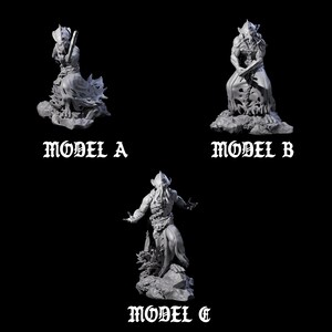 Könnte beinhalten: Drei graue Kunstharzstatuen von Fabelwesen, jede in einer anderen Pose auf einem felsigen Sockel. Modell A kniet, Modell B sitzt und Modell C steht mit ausgestreckten Armen. Der Text "MODEL A", "MODEL B" und "MODEL C" steht darunter.