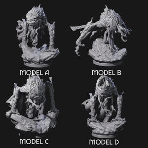 May include: Four grey 3D-printed monster models, each on a rocky base. Model A has a large head and wrapped arms. Model B has a spiky head and clawed hands. Model C has a helmet and cape. Model D has a wide mouth. Text: MODEL A, B, C, D.