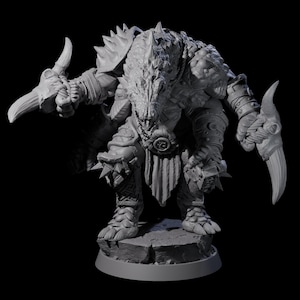 May include: A grey figurine of a fantasy creature, possibly a monster or warrior. The figure has a reptilian head, armoured limbs, and holds large, curved blades. The base is a rough, stone-like platform.