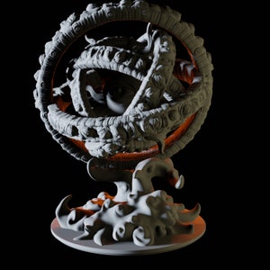 Könnte beinhalten: Eine 3D-gedruckte Skulptur einer wirbelnden, mit Augen gefüllten Kugel mit einem strukturierten, organischen Sockel. Die Kugel ist von einem Ring aus Augen umgeben, und der Sockel erinnert an eine Wolke oder Rauch.