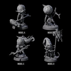Può includere: Quattro figurine fantasy grigie stampate in 3D, ciascuna su una base circolare. Il modello A tiene in mano un martello, il modello B una lama ricurva, il modello C un bastone e il modello D un bastone. Il testo "MODEL A", "MODEL B", "MODEL C" e "MODEL D" è visibile.