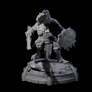 May include: A gray, detailed figurine of a reptilian humanoid warrior, holding a sword and shield. The figure is posed on a stone base, with intricate armor and a fierce expression. The overall theme is fantasy and adventure.