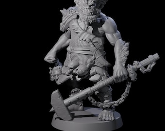 May include: A gray, detailed figurine of a fantasy warrior. The figure has a muscular build, a beard, and is holding a large hammer and a severed head. The warrior is wearing armor and has skulls on their belt.