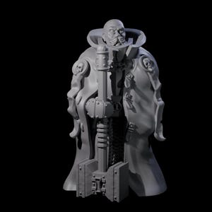 May include: A grey 3D-printed figurine of a robed figure holding a large hammer. The figure has a stern expression, a beard, and a high collar. Skulls adorn the shoulders of the robe. The hammer has a detailed design.