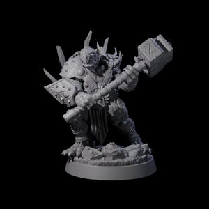May include: A gray, detailed miniature figure of a fantasy warrior, holding a large hammer. The figure is posed on a rocky base, with intricate armor and horned details. The hammer has engraved markings.