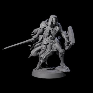 May include: A gray, 3D-printed miniature of a skeletal warrior in armor, holding a sword and shield. The figure is wearing a hooded cloak and detailed armor, standing on a circular base. The miniature is designed for tabletop gaming or display.