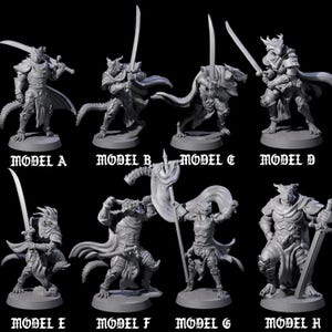 Può includere: Una collezione di otto figurine in miniatura fantasy grigie, ognuna raffigurante una creatura umanoide con tratti rettiliani, armature e armi. Le figurine sono etichettate Modello A-H e sono poste in varie pose d'azione, con spade e stendardi.