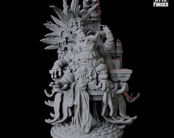 May include: A gray, detailed miniature figurine of a seated figure with a feathered headdress and a large, ornate throne. The figure is holding a cup in one hand and has a relaxed expression. The base of the throne is decorated with intricate carvings. The miniature is 32mm in scale and has a 50mm base.